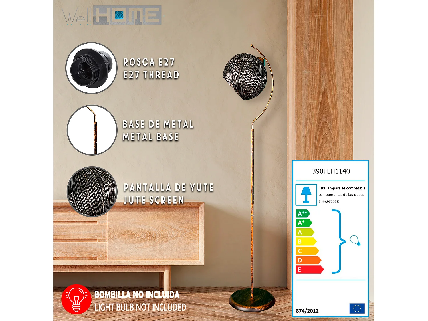 Lampe à pied 165 cm, noir, type E 27 max 45 - 60 W, collection Malaui, E 27 max 45 - 6