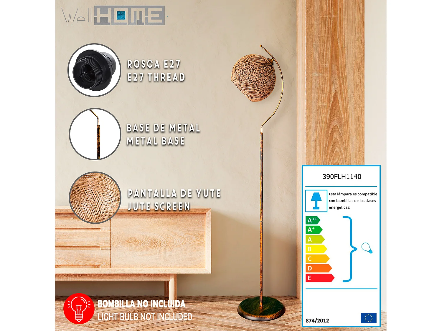 Lampe à pied 165 cm, brown, type E 27 Max 45 - 60 W, collection Malaui, E 27 Max 45 - 6