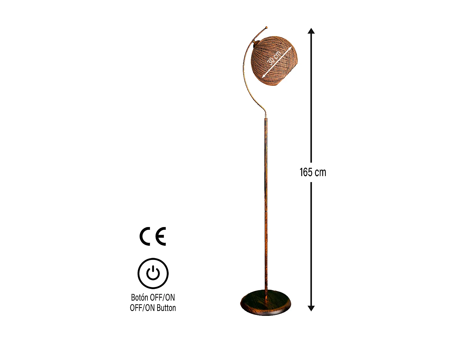 Lampe à pied 165 cm, brown, type E 27 Max 45 - 60 W, collection Malaui, E 27 Max 45 - 6
