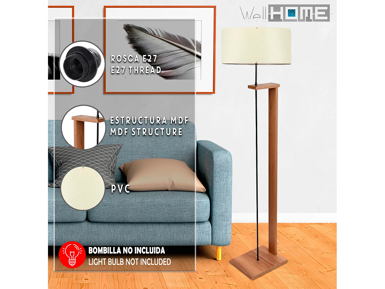 Foot Lamp 150 cm crème écran large, type E27 Max 60 W, Victoria collection, 27 Max 60 W