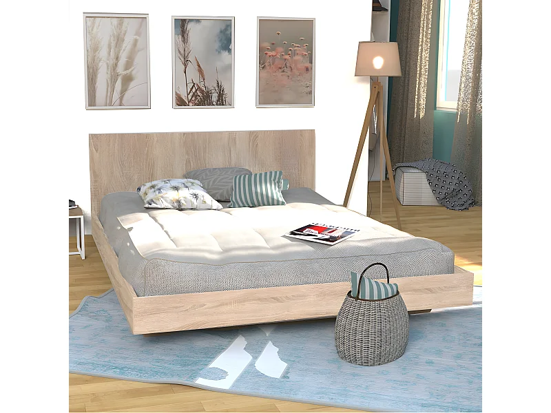 Lit LOFT 160x200 + 1 sommier + tête de lit / Décor Chêne blanchi