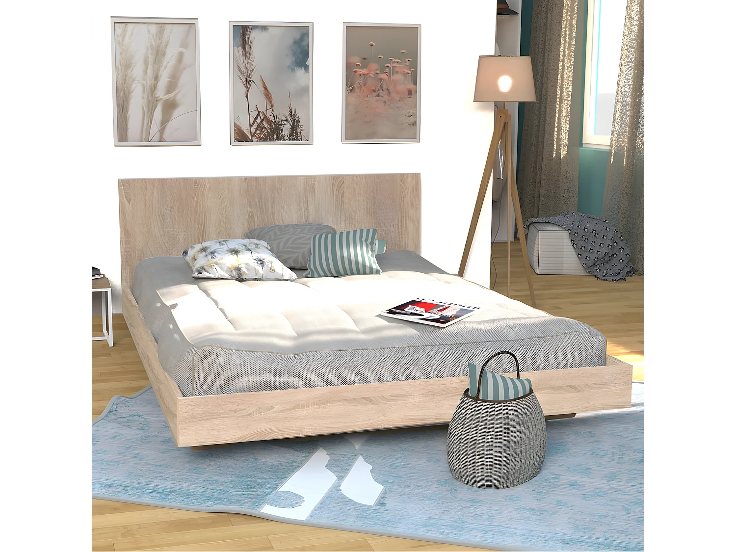 Lit LOFT 160x200 + 1 sommier + tête de lit / Décor Chêne blanchi