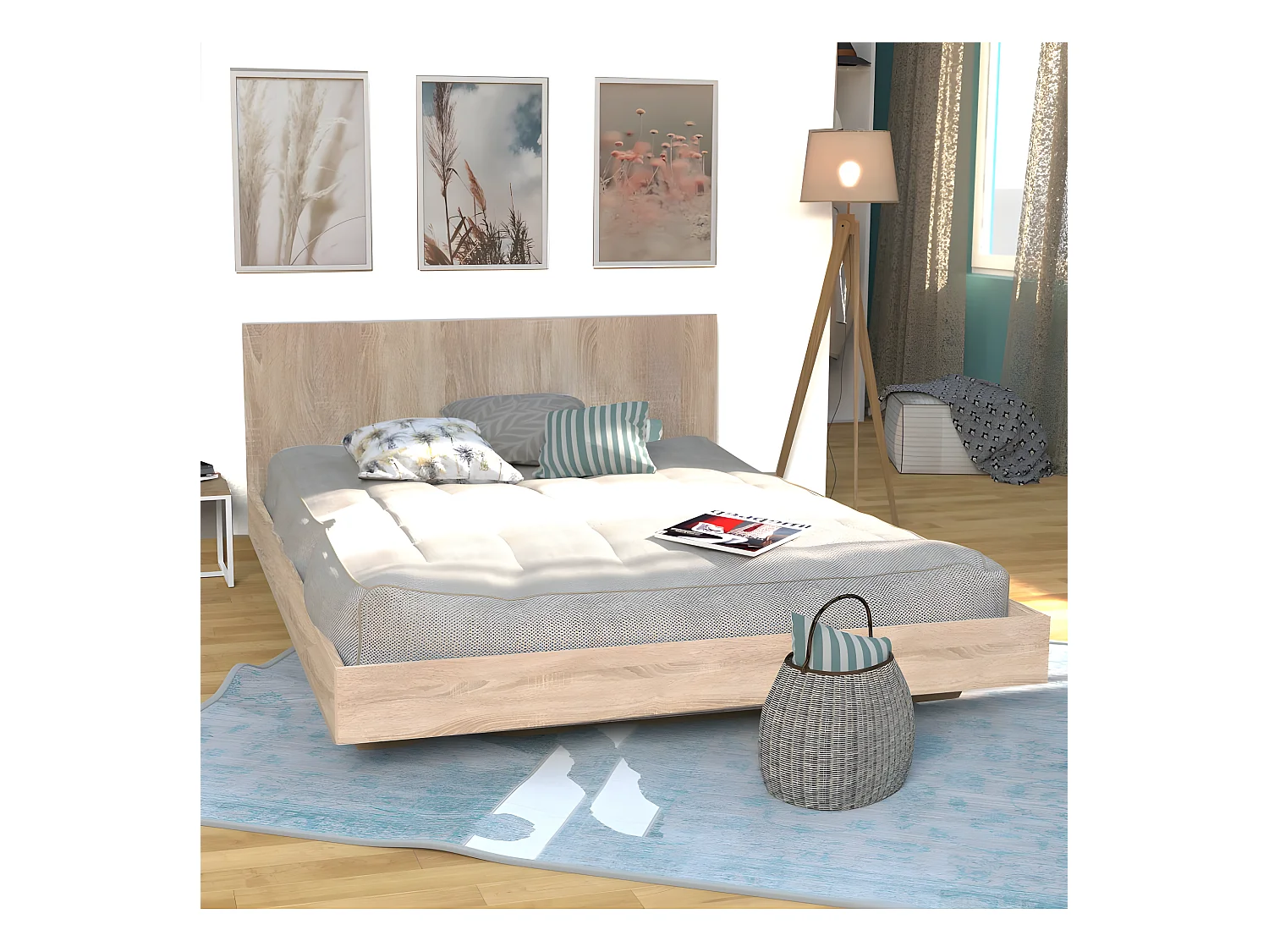 Lit LOFT 160x200 + 1 sommier + tête de lit / Décor Chêne blanchi