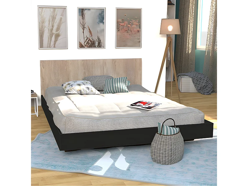 Lit LOFT 160x200 + 1 sommier + tête de lit / Décor Noir & chêne blanchi