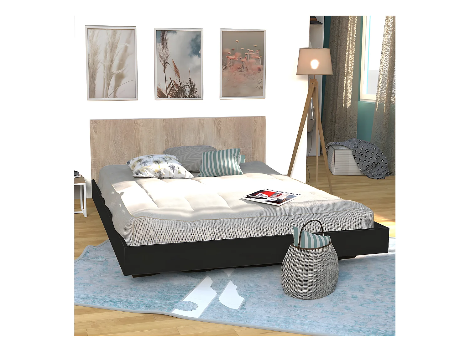 Lit LOFT 160x200 + 1 sommier + tête de lit / Décor Noir & chêne blanchi