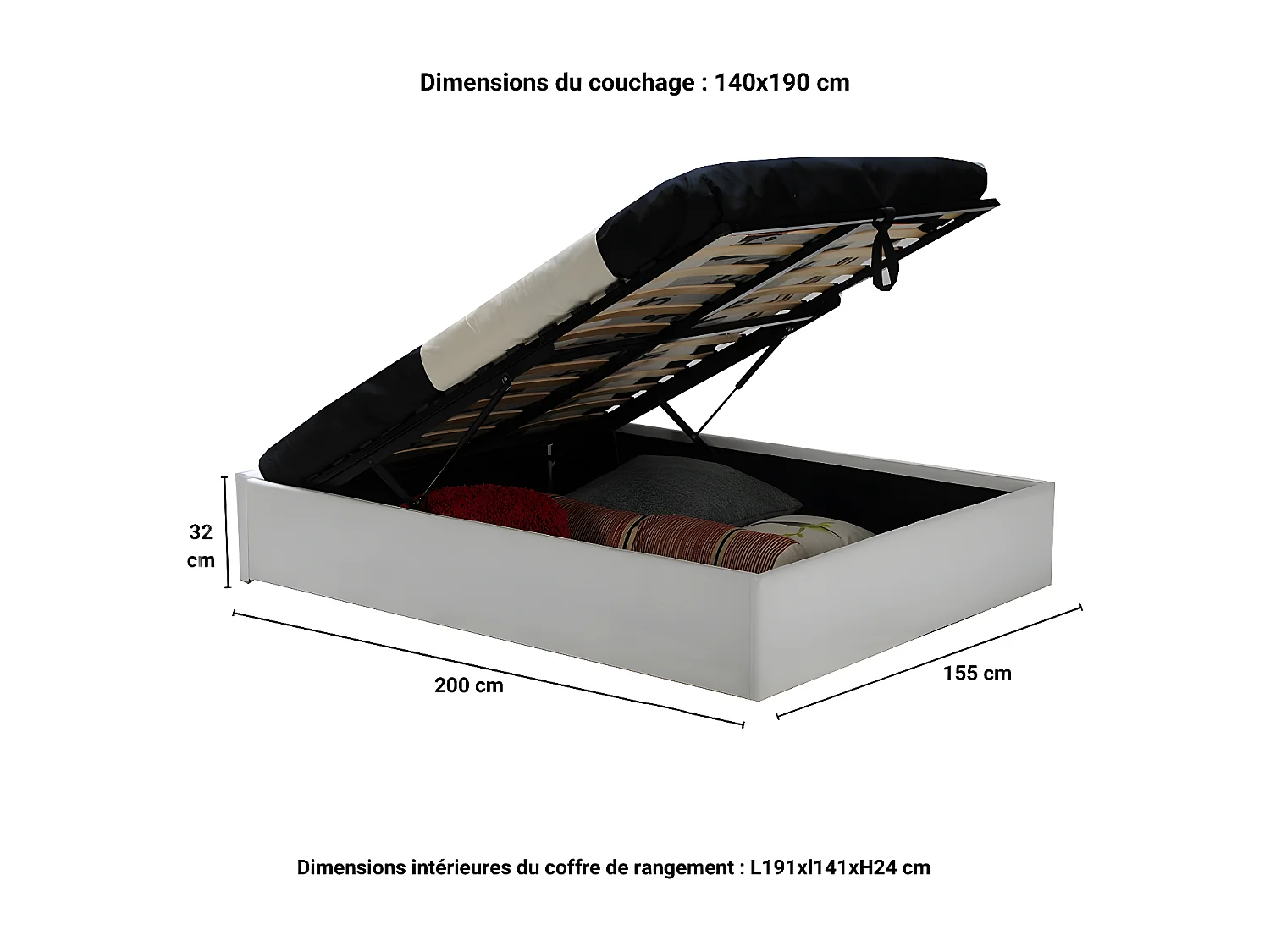 Lit coffre TORINO 140x190 + 1 sommier / Blanc