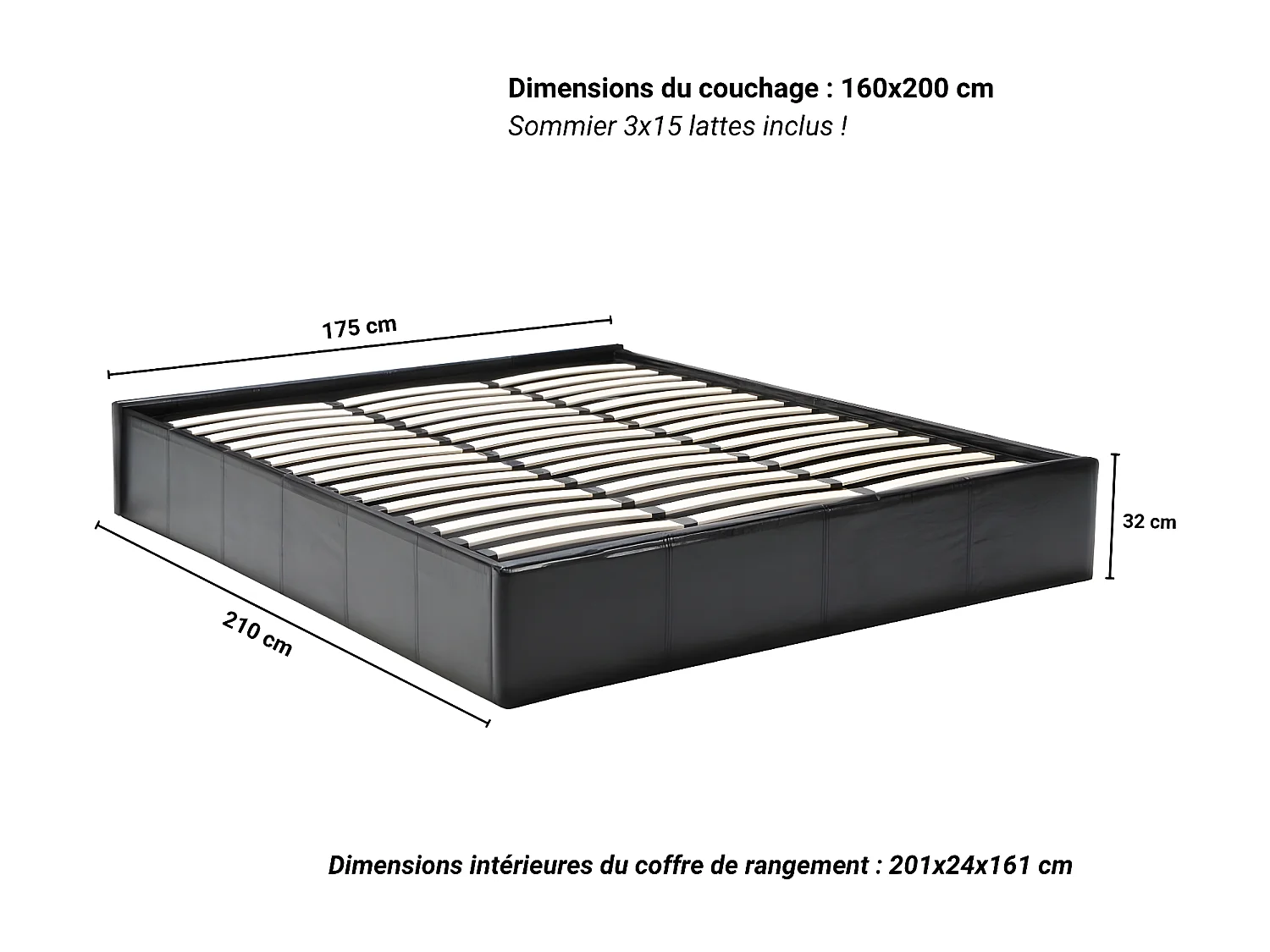 Lit coffre TORINO 160x200 + 1 sommier / Noir