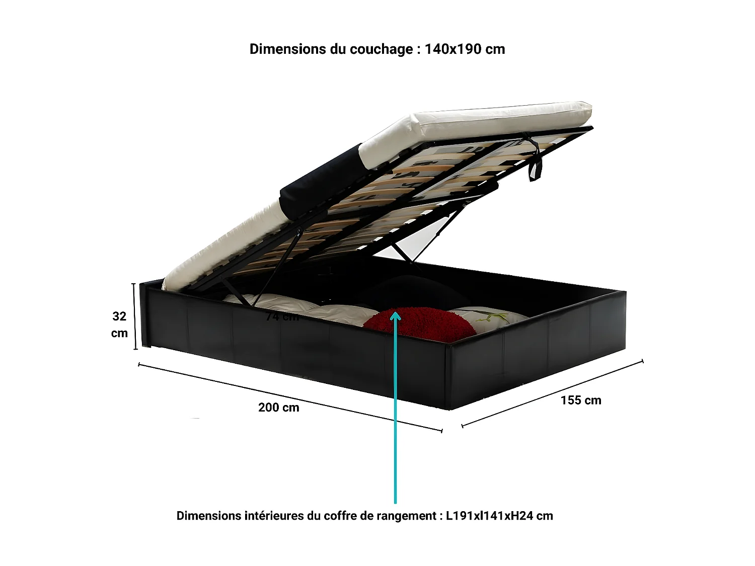 Lit coffre TORINO 140x190 + 1 sommier / Noir