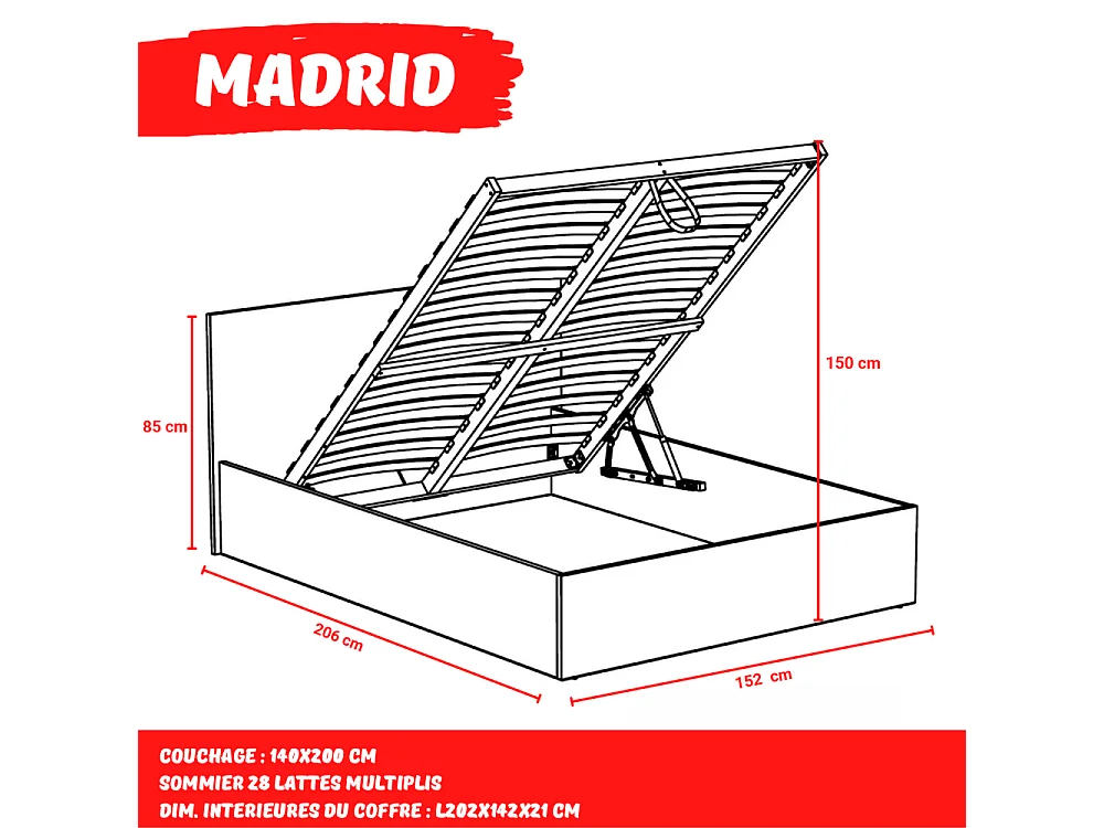 Lit coffre MADRID 140x200 + 1 sommier / Blanc