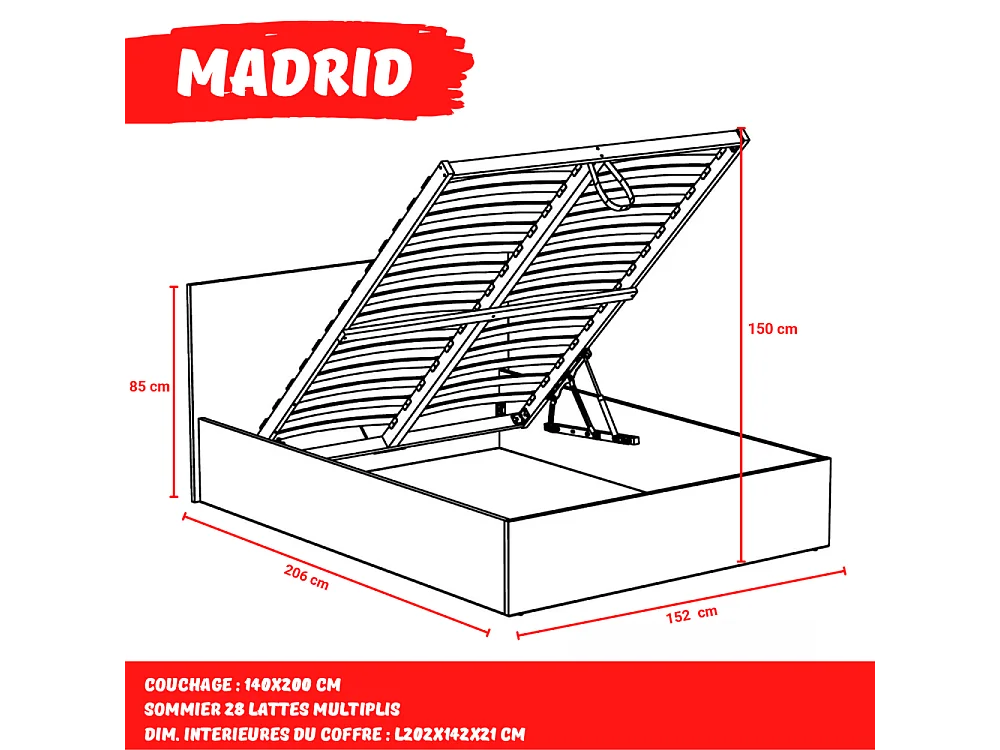 Lit coffre MADRID 140x200 + 1 sommier / Blanc
