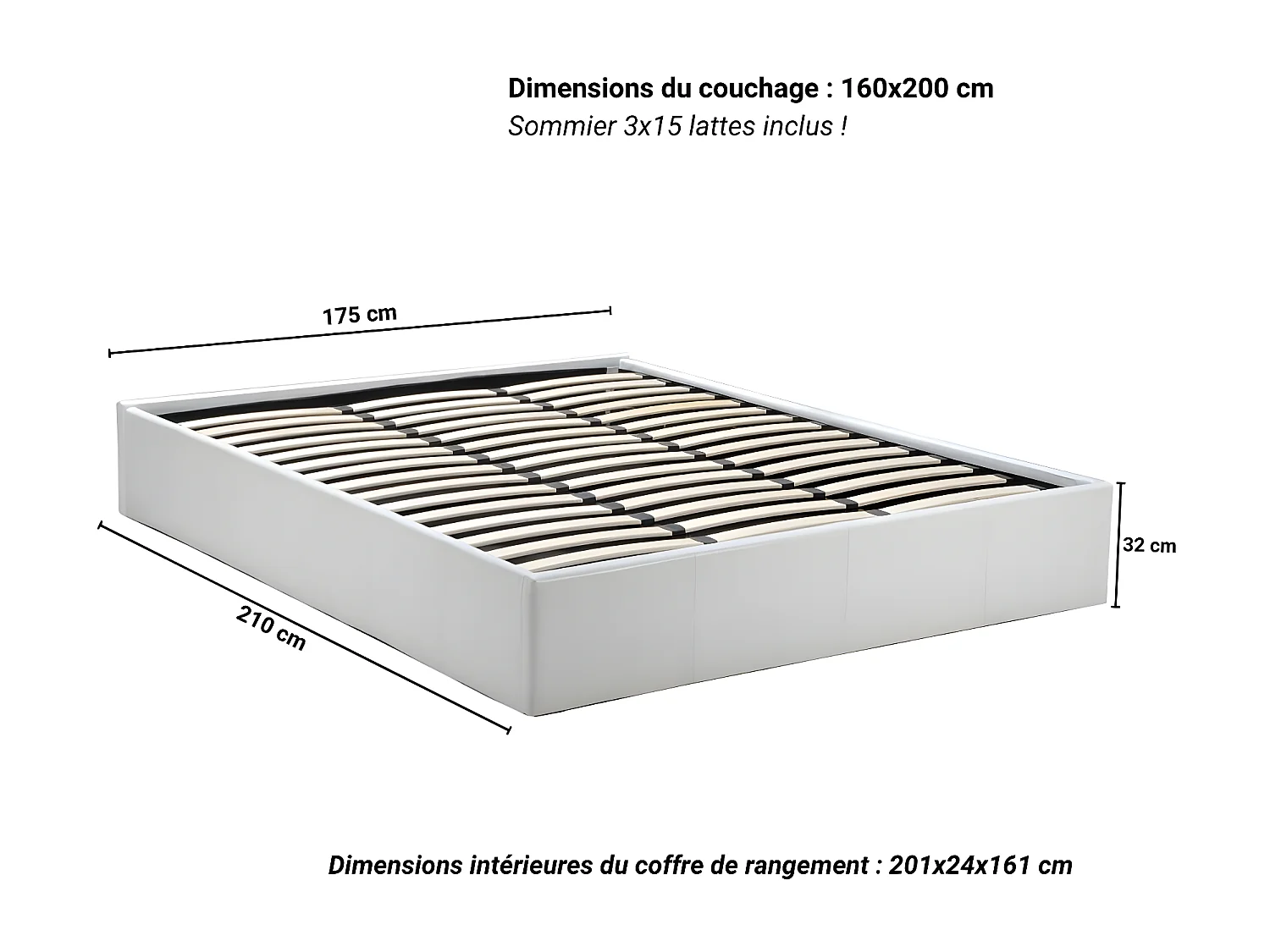 Lit coffre TORINO 160x200 + 1 sommier / Blanc