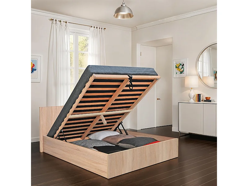 Lit coffre MADRID 180x200 + 1 sommier / Décor Chêne Blanchi