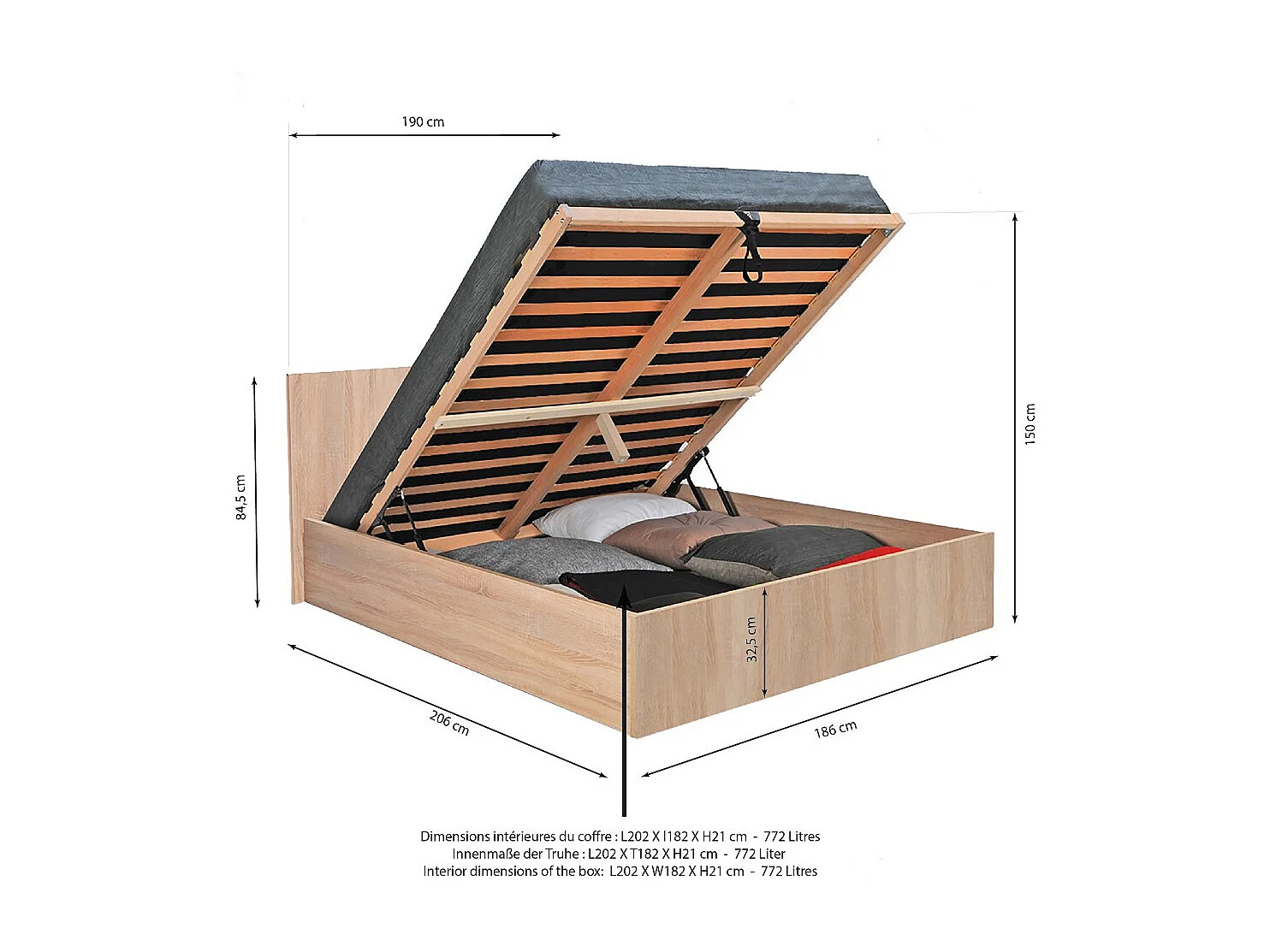 Lit coffre MADRID 180x200 + 1 sommier / Décor Chêne Blanchi