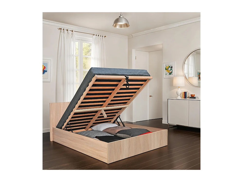 Lit coffre MADRID 180x200 + 1 sommier / Décor Chêne Blanchi