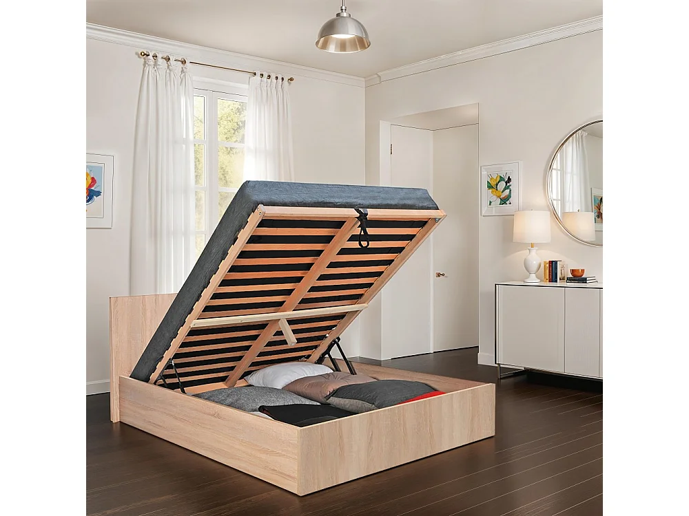 Lit coffre MADRID 180x200 + 1 sommier / Décor Chêne Blanchi