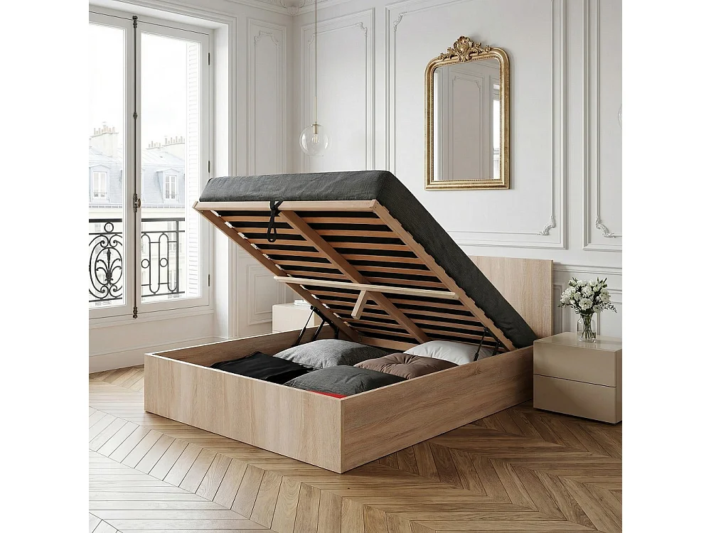 Lit coffre MADRID 180x200 + 1 sommier / Décor Chêne Blanchi