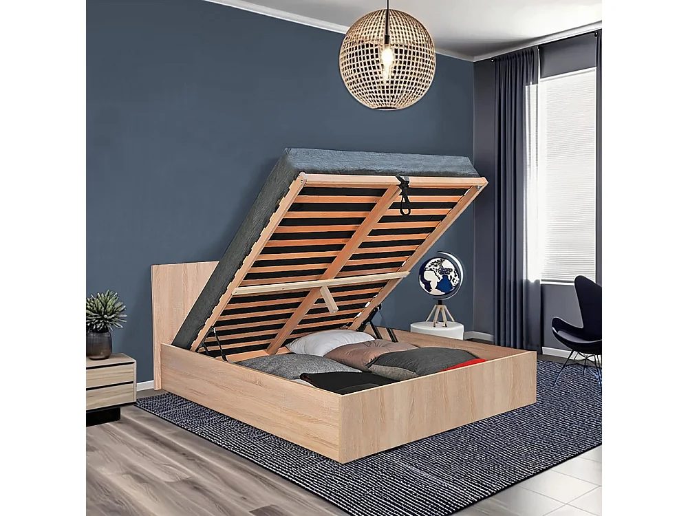 Lit coffre MADRID 180x200 + 1 sommier / Décor Chêne Blanchi