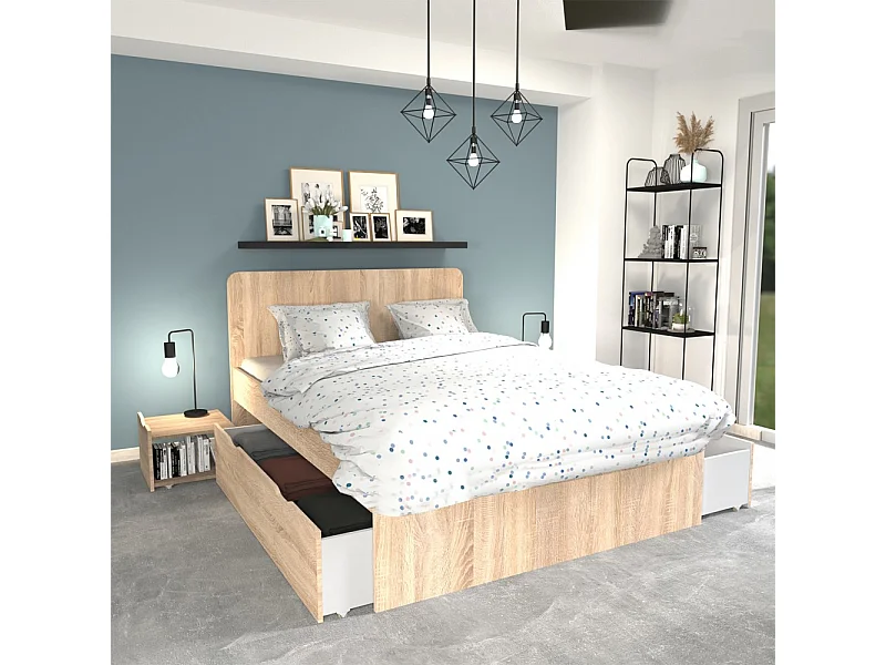 Lit double ZENIA 140x190 + 2 chevets + 2 tiroirs / Décor Chêne blanchi