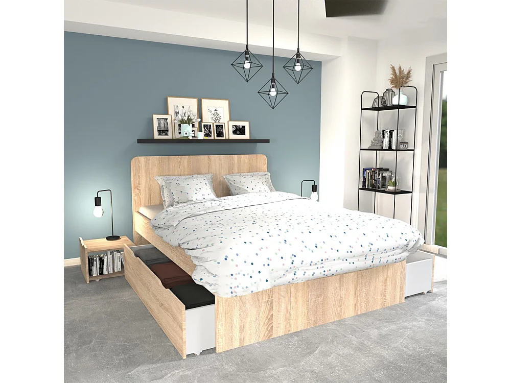 Lit double ZENIA 140x190 + 2 chevets + 2 tiroirs / Décor Chêne blanchi