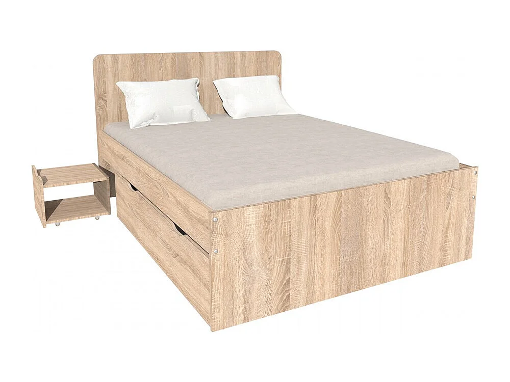 Lit double ZENIA 140x190 + 2 chevets + 2 tiroirs / Décor Chêne blanchi