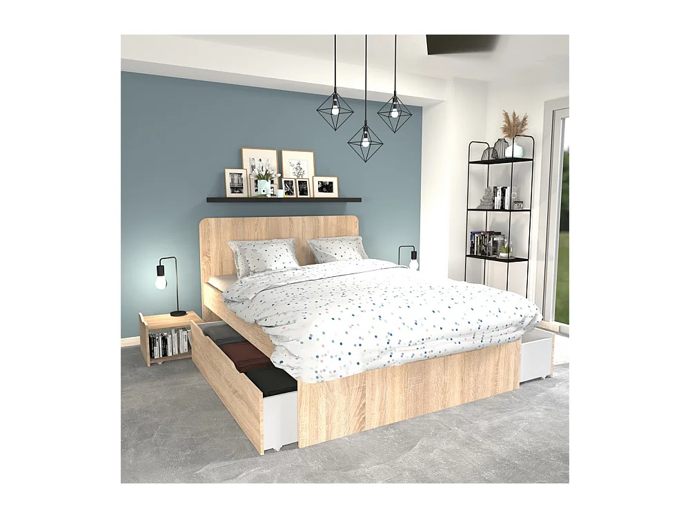 Lit double ZENIA 140x190 + 2 chevets + 2 tiroirs / Décor Chêne blanchi