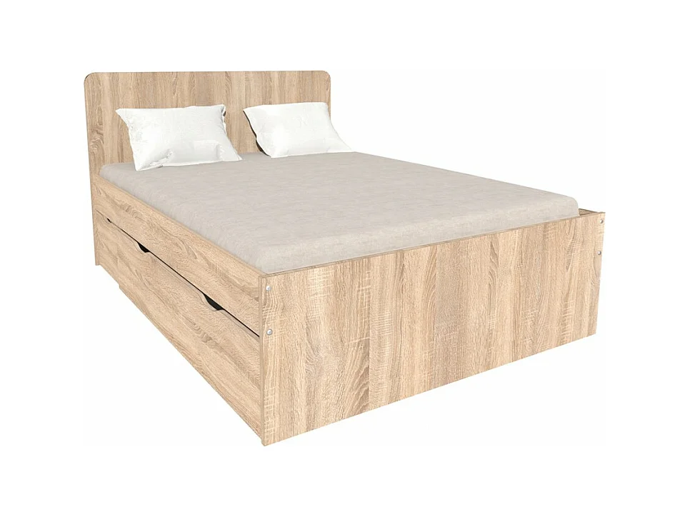 Lit double ZENIA 140x190 + 2 chevets + 2 tiroirs / Décor Chêne blanchi