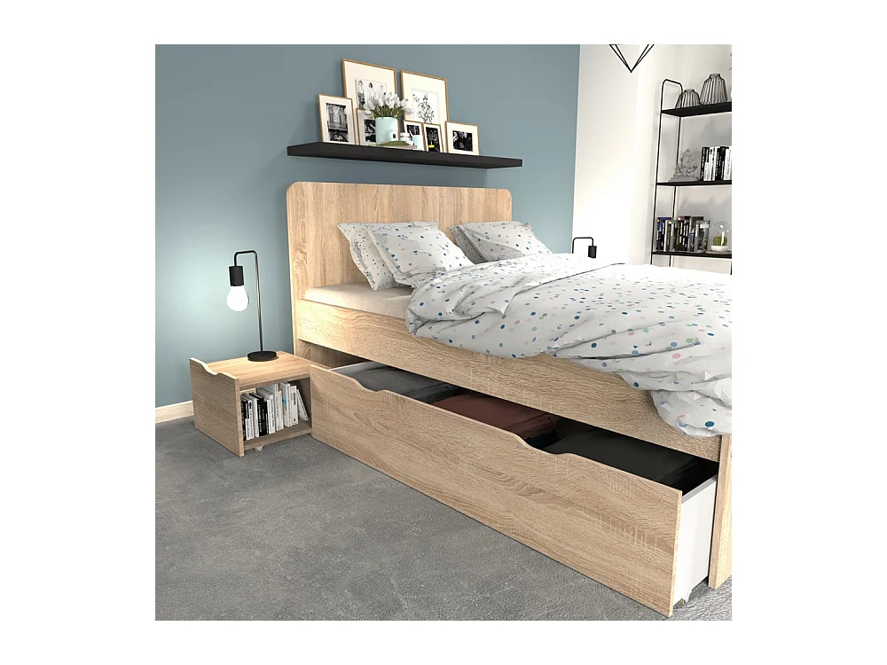 Lit double ZENIA 140x190 + 2 chevets + 2 tiroirs / Décor Chêne blanchi