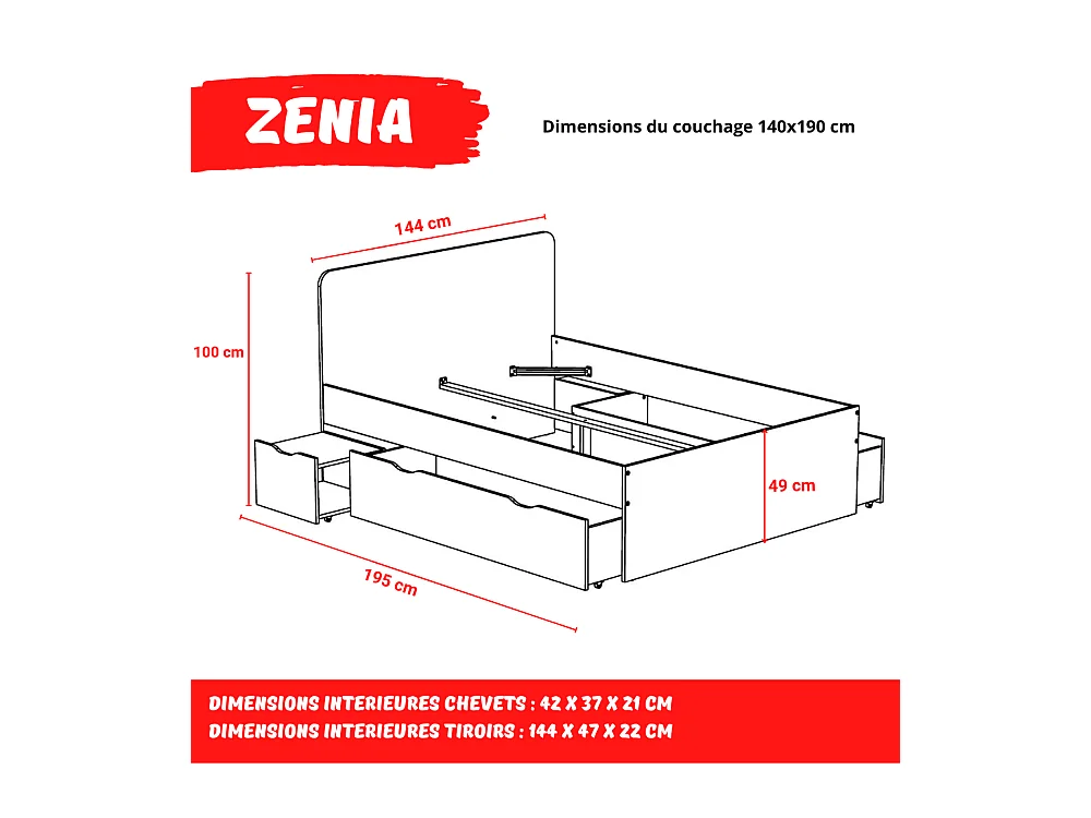 Lit double ZENIA 140x190 + 2 chevets + 2 tiroirs / Décor Chêne blanchi