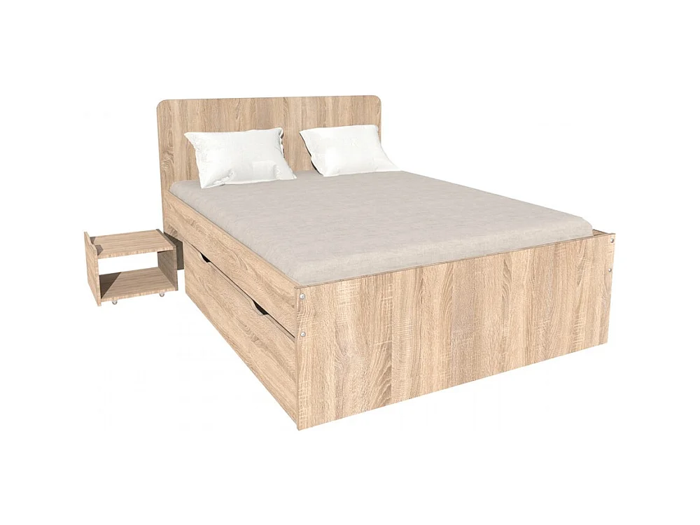 Lit double ZENIA 140x190 + 2 chevets + 2 tiroirs / Décor Chêne blanchi