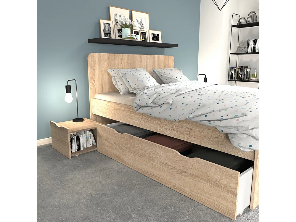 Lit double ZENIA 140x190 + 2 chevets + 2 tiroirs / Décor Chêne blanchi