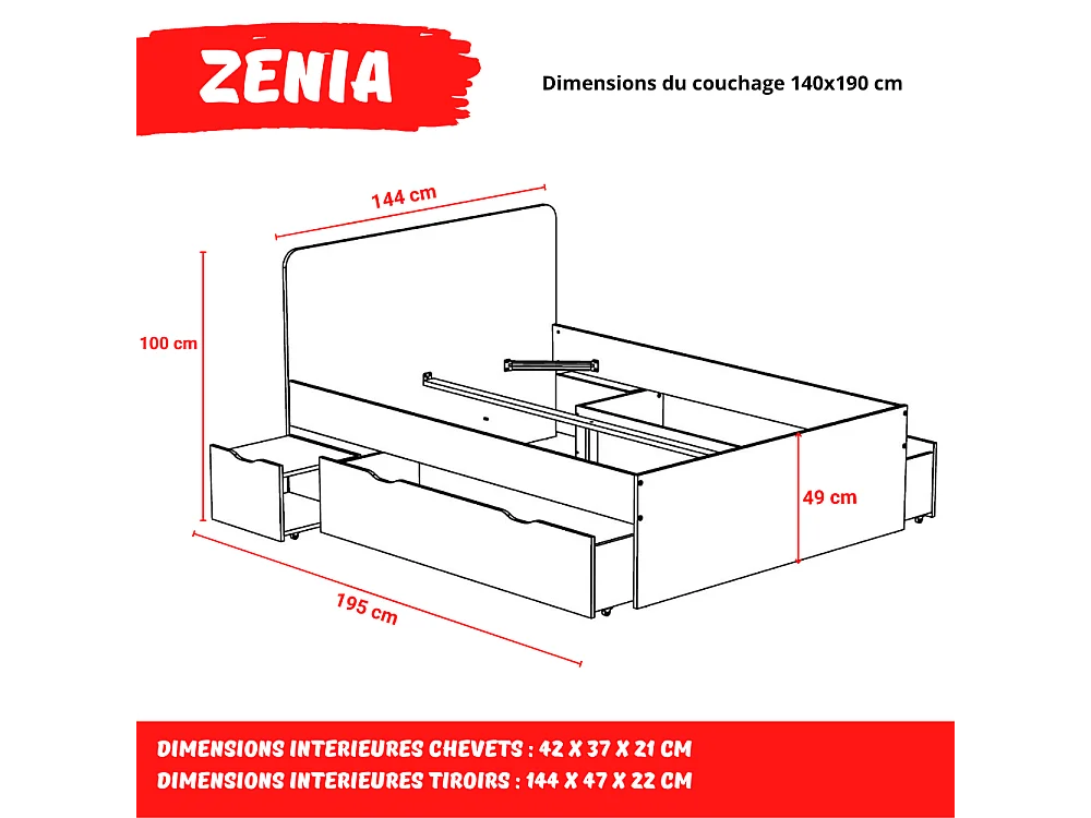 Lit double ZENIA 140x190 + 2 chevets + 2 tiroirs / Décor Chêne blanchi