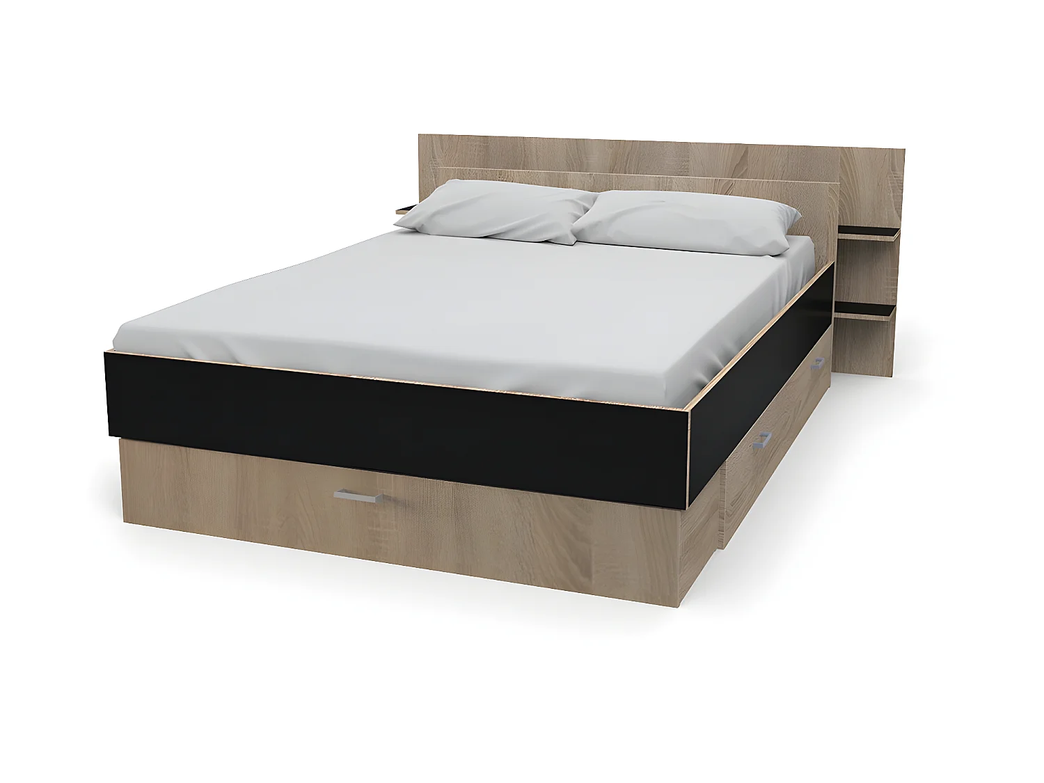 Lit SAMBA 140x190cm + tête de lit + 2 tiroirs / Décor Noir & chêne blanchi