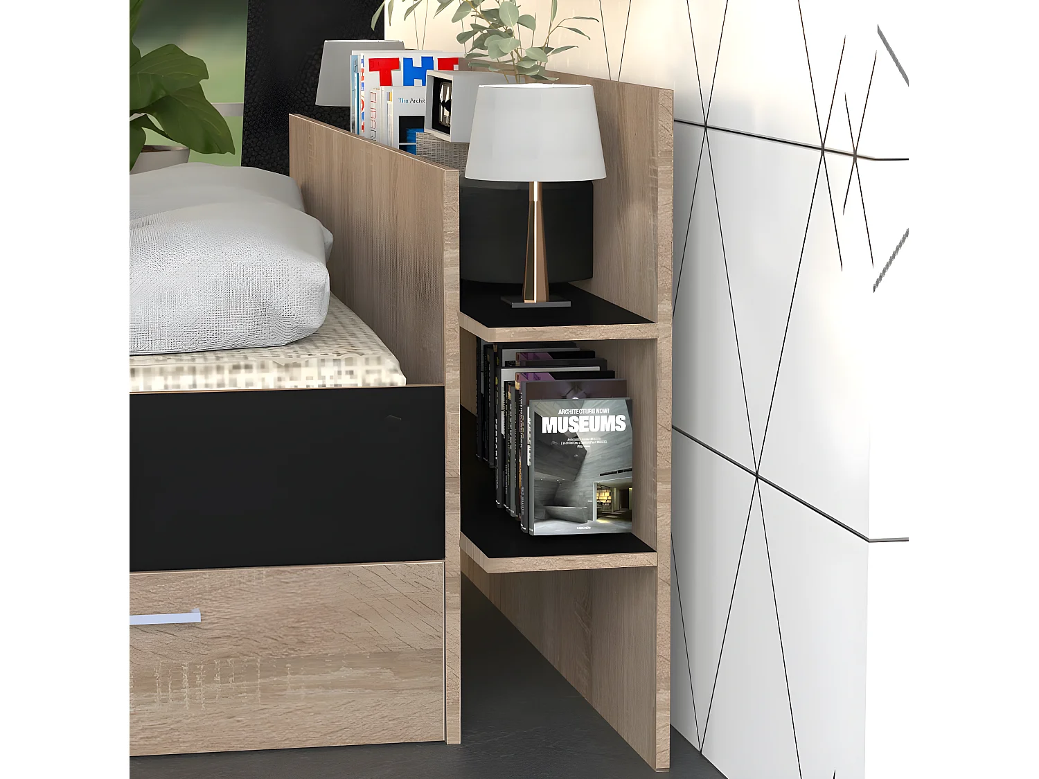 Lit SAMBA 140x190cm + tête de lit + 2 tiroirs / Décor Noir & chêne blanchi