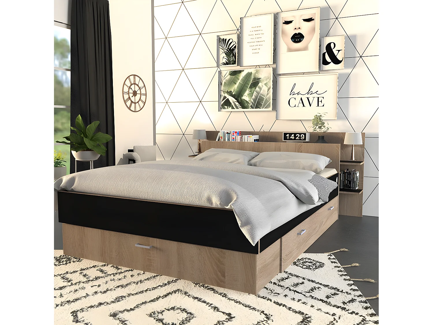 Lit SAMBA 140x190cm + tête de lit + 2 tiroirs / Décor Noir & chêne blanchi