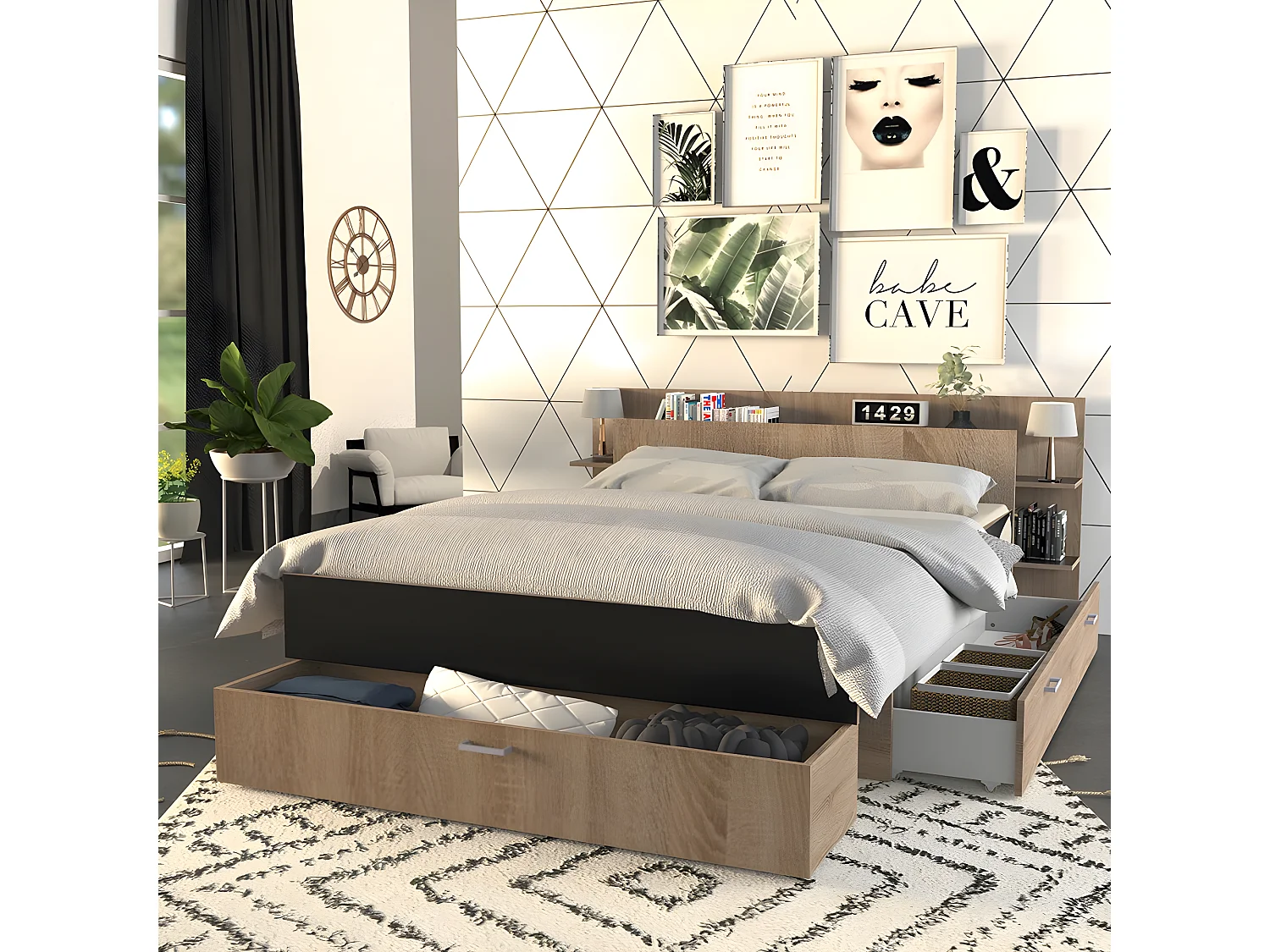 Lit SAMBA 140x190cm + tête de lit + 2 tiroirs / Décor Noir & chêne blanchi