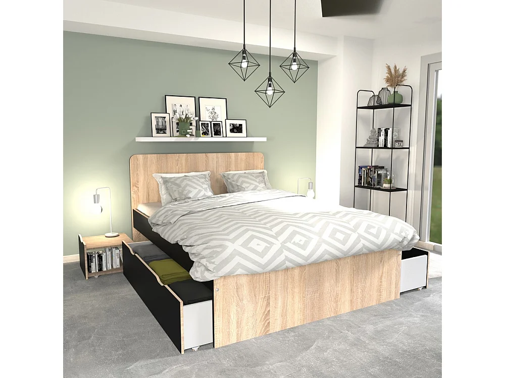 Lit double ZENIA 140x190 + 2 chevets + 2 tiroirs / Décor Chêne blanchi & noir