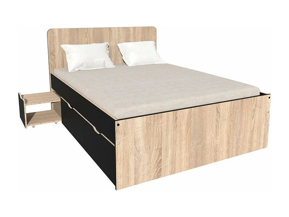 Lit double ZENIA 140x190 + 2 chevets + 2 tiroirs / Décor Chêne blanchi & noir