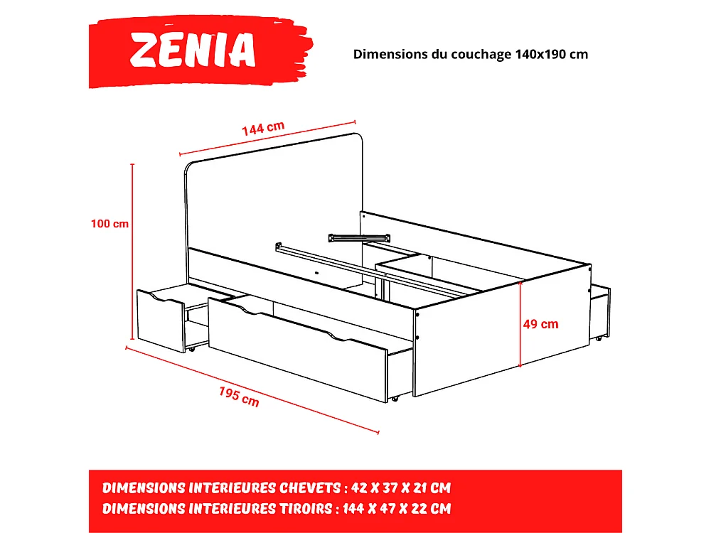 Lit double ZENIA 140x190 + 2 chevets + 2 tiroirs / Décor Chêne blanchi & noir