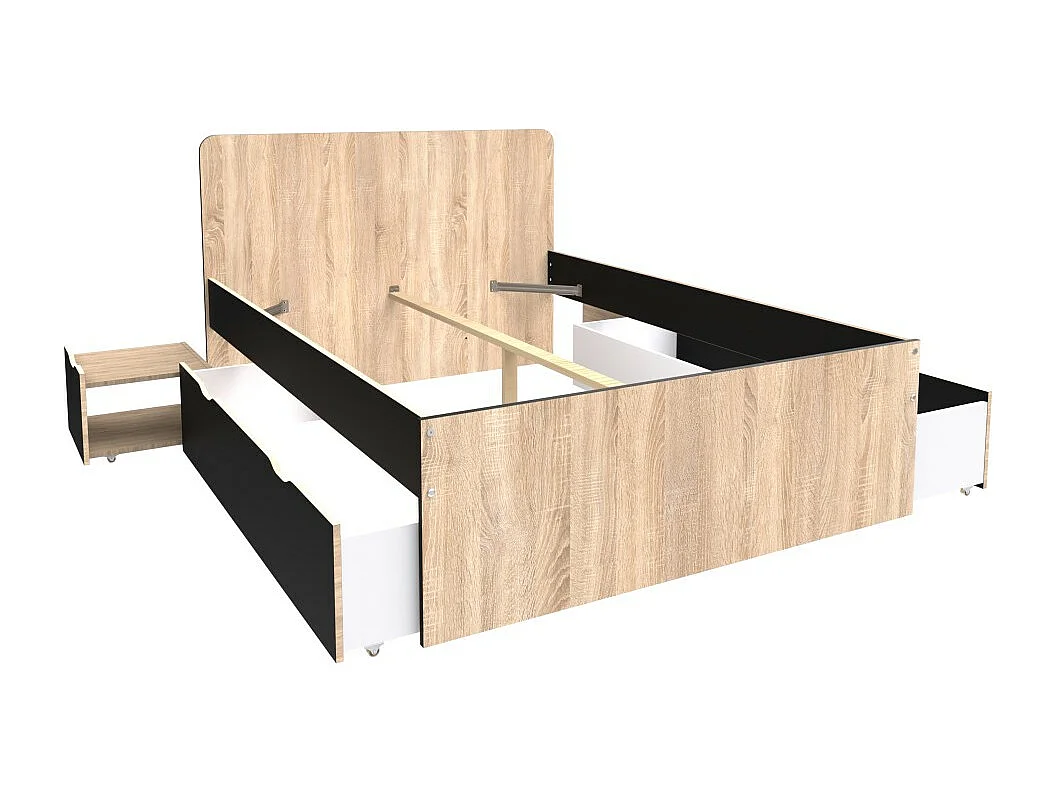 Lit double ZENIA 140x190 + 2 chevets + 2 tiroirs / Décor Chêne blanchi & noir