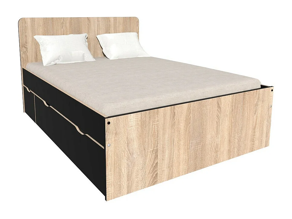 Lit double ZENIA 140x190 + 2 chevets + 2 tiroirs / Décor Chêne blanchi & noir