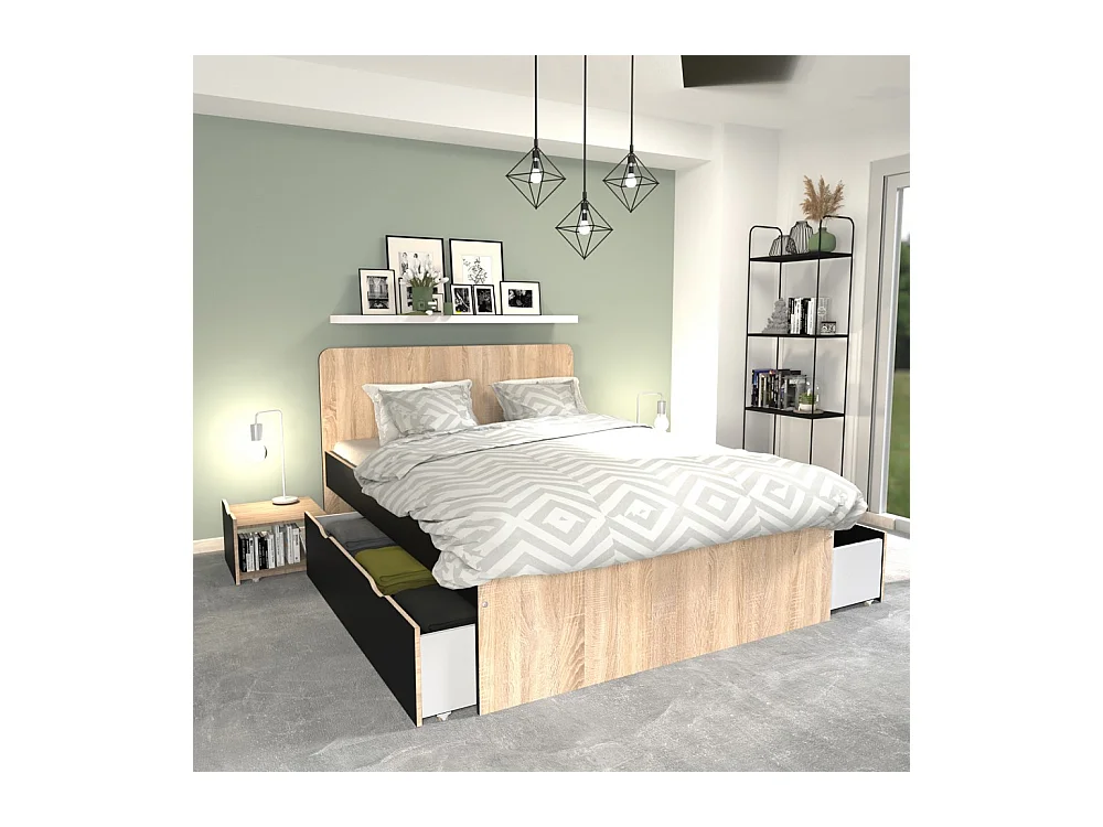 Lit double ZENIA 140x190 + 2 chevets + 2 tiroirs / Décor Chêne blanchi & noir
