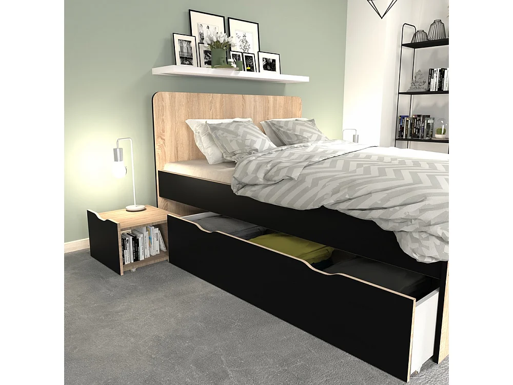 Lit double ZENIA 140x190 + 2 chevets + 2 tiroirs / Décor Chêne blanchi & noir
