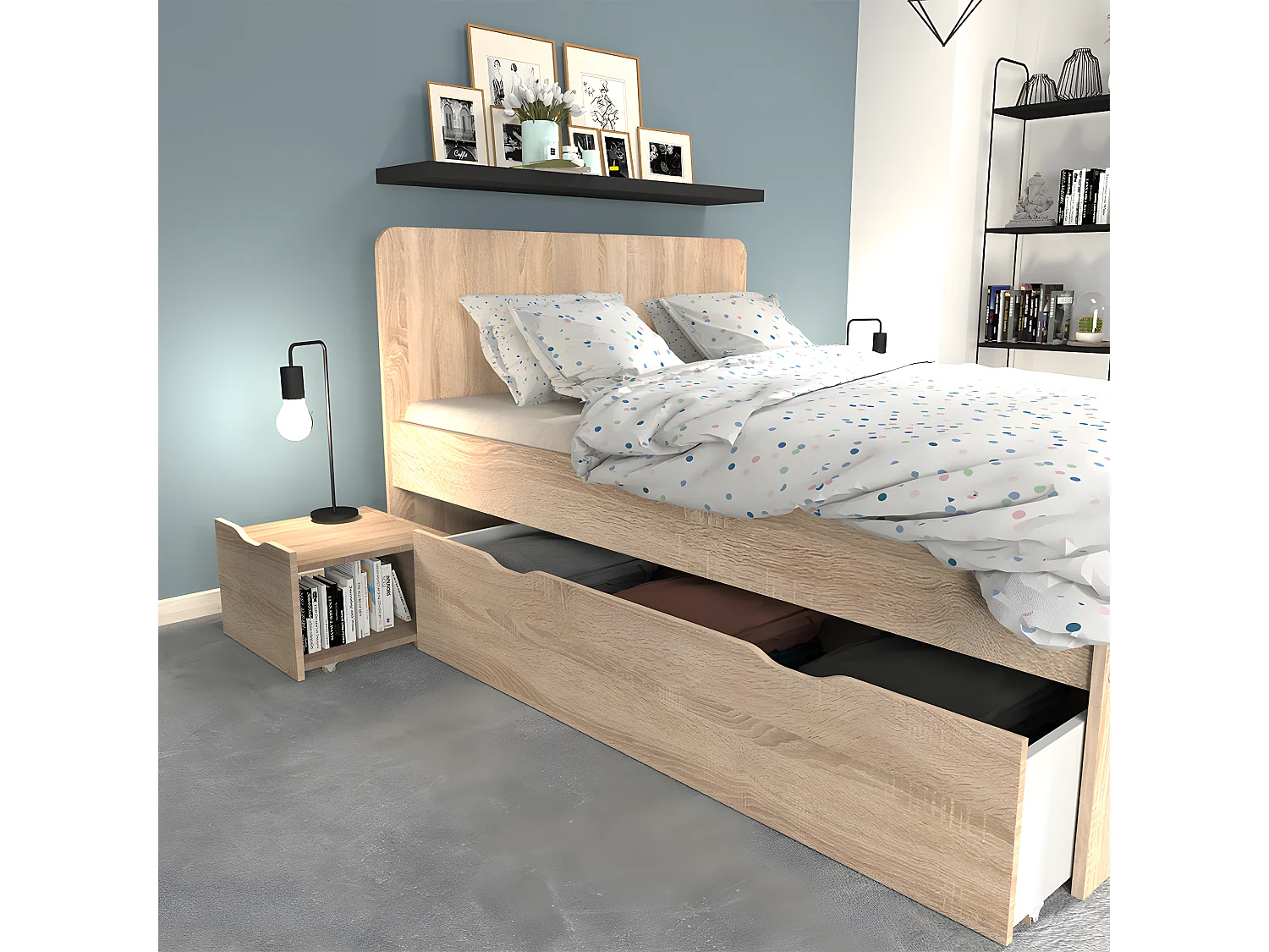 Lit 160x200 2 chevets et 2 tiroirs inclus Zenia Bois blanchi