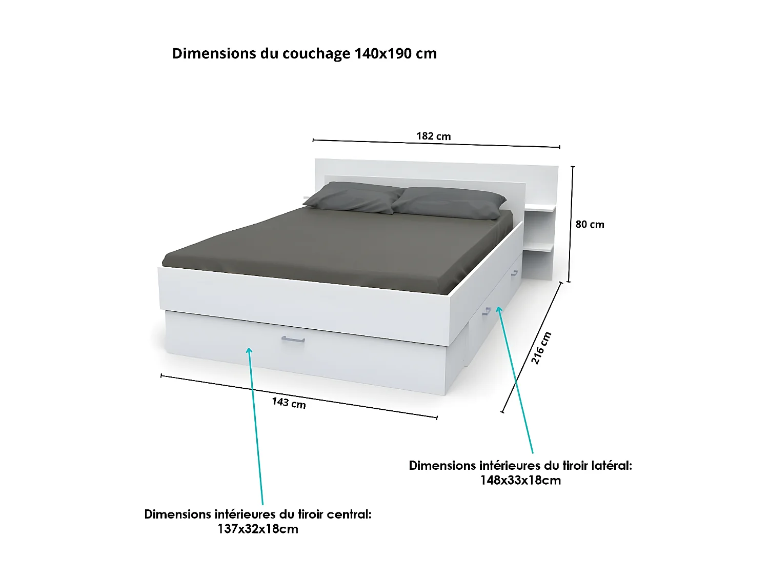 Lit SAMBA 140x190cm + tête de lit + 2 tiroirs / Blanc