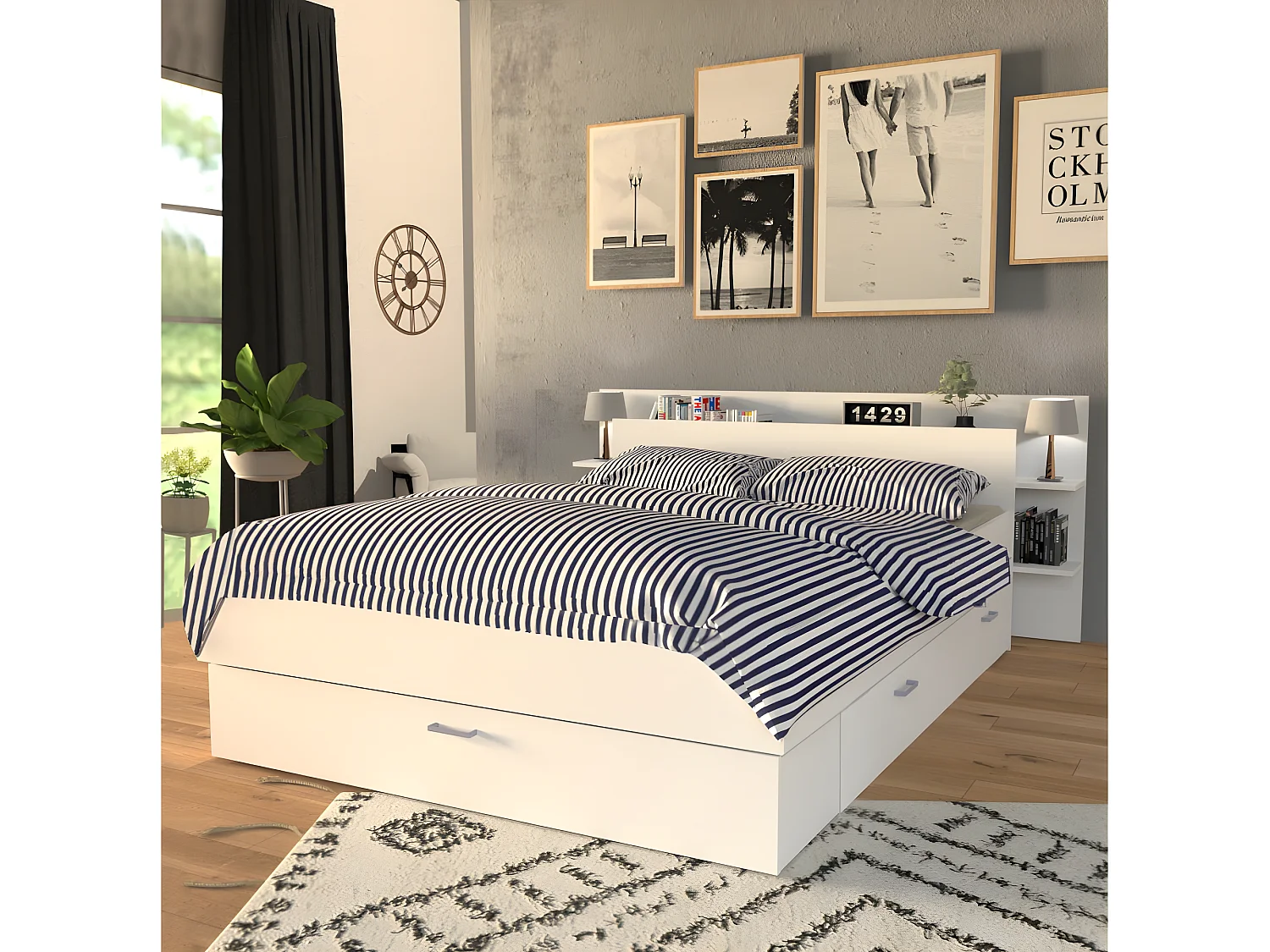 Lit SAMBA 140x190cm + tête de lit + 2 tiroirs / Blanc