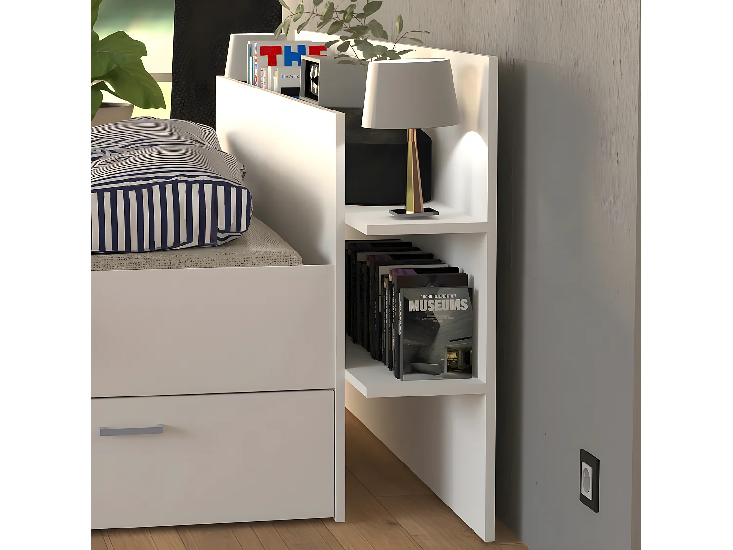 Lit SAMBA 140x190cm + tête de lit + 2 tiroirs / Blanc