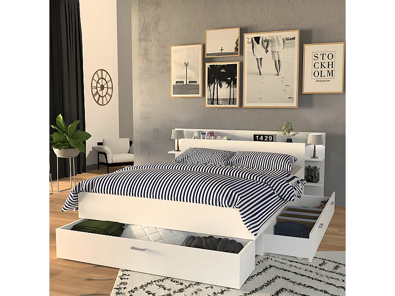 Lit SAMBA 140x190cm + tête de lit + 2 tiroirs / Blanc