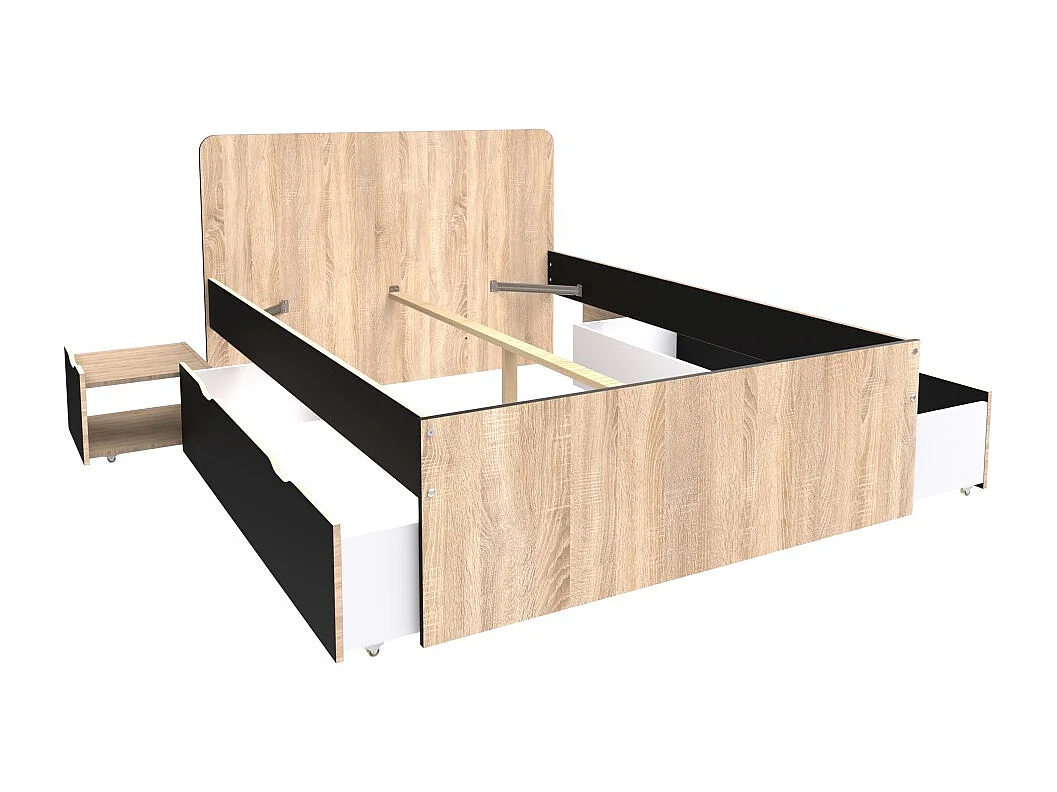Lit double ZENIA 160x200 + 2 chevets + 2 tiroirs / Décor Chêne blanchi & noir