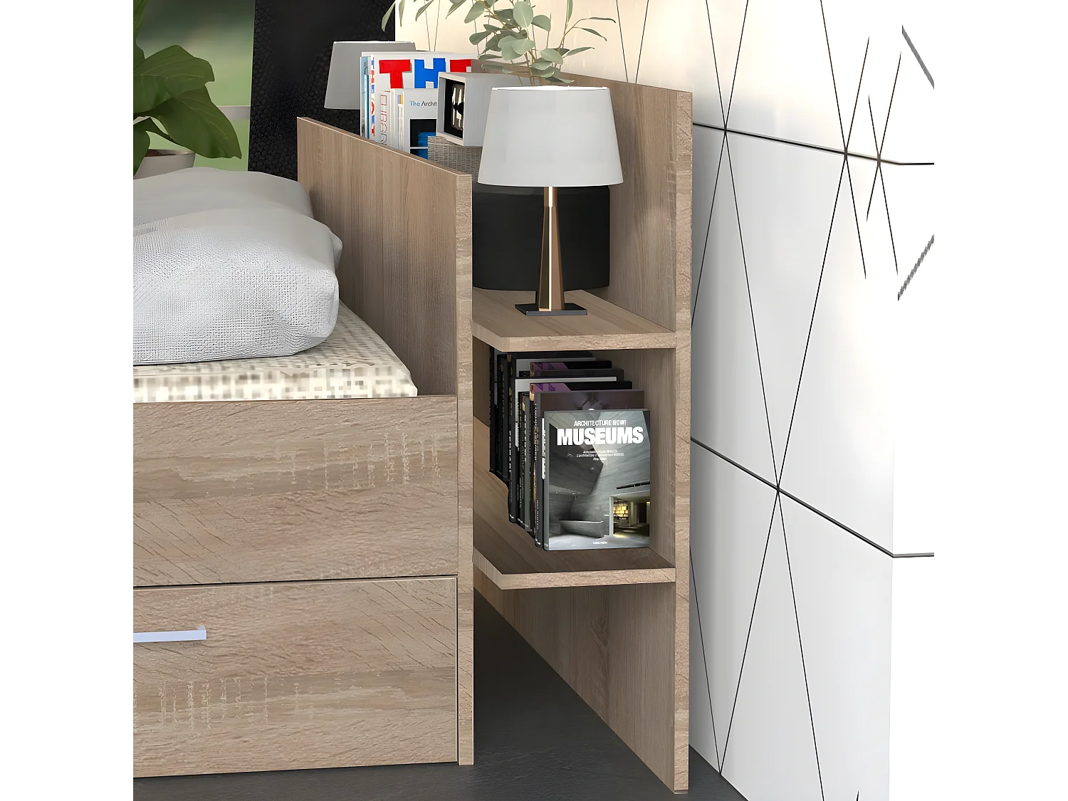 Lit SAMBA 140x190cm + tête de lit + 2 tiroirs / Décor Chêne blanchi