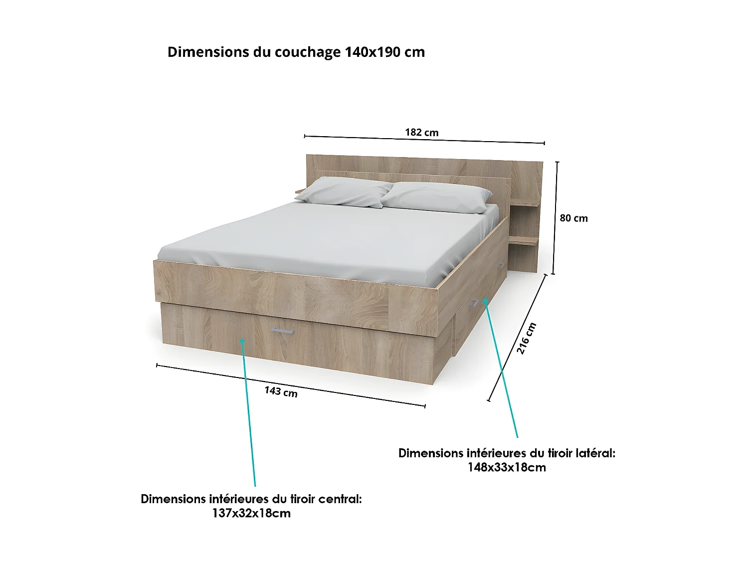Lit SAMBA 140x190cm + tête de lit + 2 tiroirs / Décor Chêne blanchi